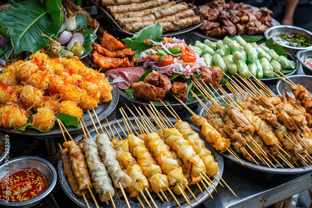 Explore the vibrant array of Thai street food with skewers, crispy rolls, succulent meats, and fresh salads, capturing the essence of Southeast Asian cuisine. Explore the vibrant array of Thai street food with skewers, crispy rolls, succulent meats, and fresh salads, capturing the essence of Southeast Asian cuisine.