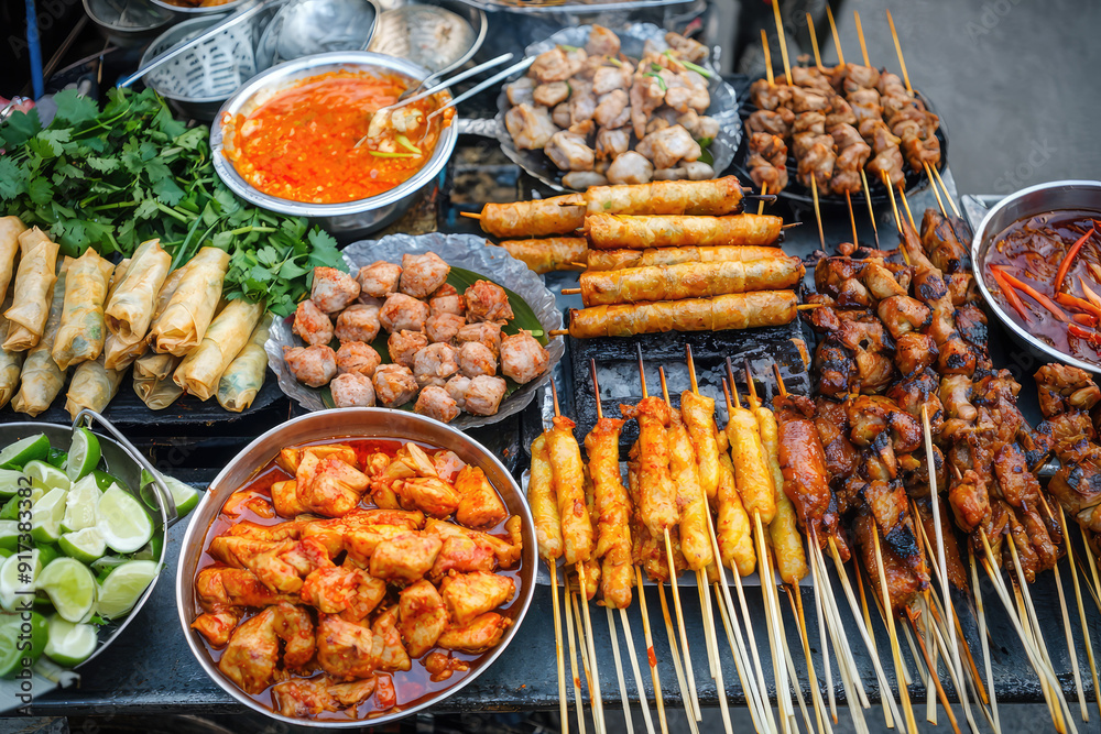 Obraz premium Delve into the vibrant world of Thai street food with skewers, spring rolls, and aromatic sauces tantalizing your taste buds and invigorating your senses.