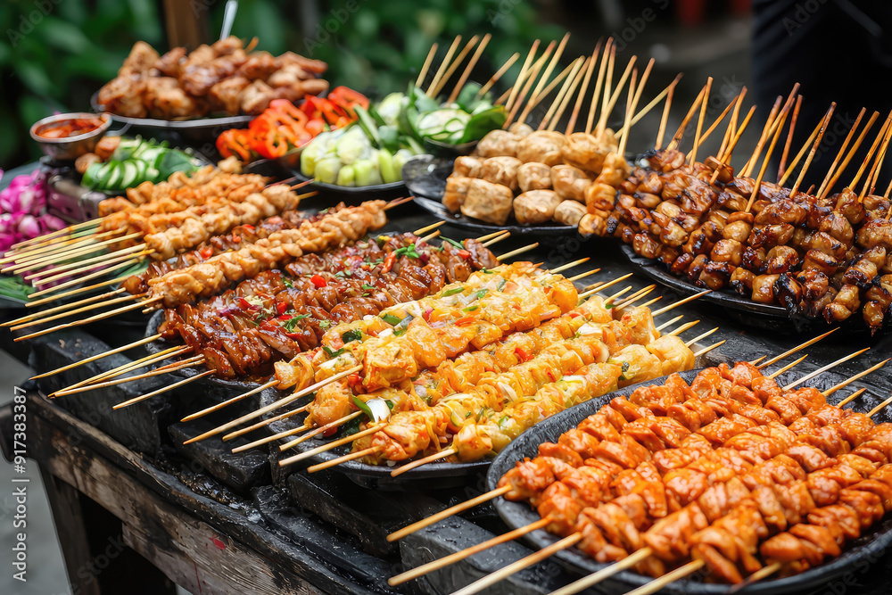 Explore an irresistible array of Thai street food skewers, bursting with vibrant colors and flavors that will tantalize your taste buds and delight your senses. Explore an irresistible array of Thai street food skewers, bursting with vibrant colors and flavors that will tantalize your taste buds and delight your senses.
