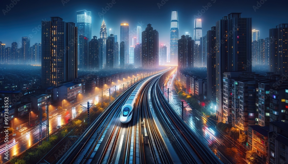 Fototapeta premium A modern high-speed train moves through the city at night
