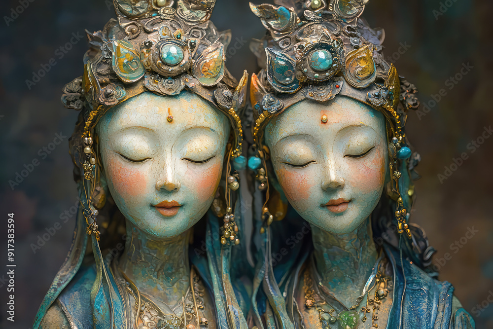 Twin serene figures adorned with intricate, flowing robes and ornate headpieces, exuding ethereal calm and timeless beauty in a harmonious setting. Twin serene figures adorned with intricate, flowing robes and ornate headpieces, exuding ethereal calm and timeless beauty in a harmonious setting.