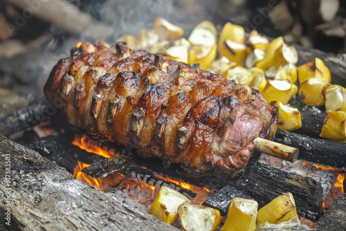 Succulent Roasted Pig Over Open Fire Surrounded by Grilled Vegetables, An Exquisite Peruvian Culinary Experience photo