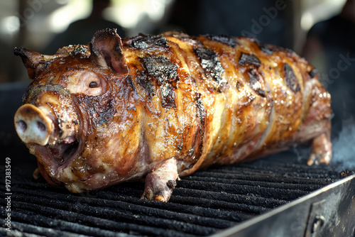 Savor the Rich Flavors of a Peruvian-Style Lechón, a Whole Pig Delightfully Roasted Over an Open Fire for a Heartwarming Culinary Experience. photo