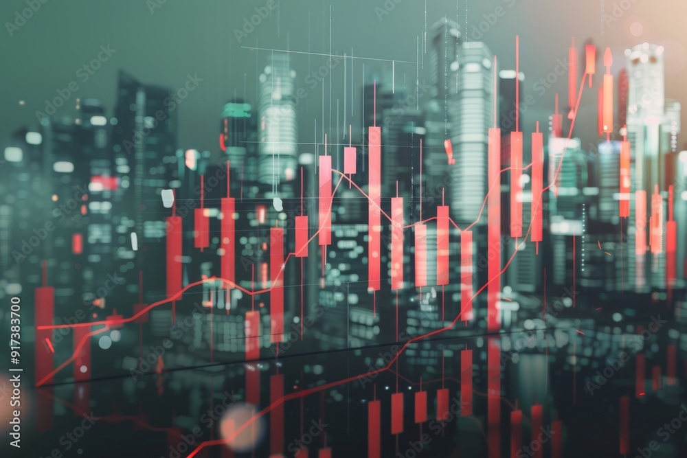 Fototapeta premium A digital overlay of red financial data charts against a blurred cityscape at night, suggesting the dynamic and fast-moving nature of the market.