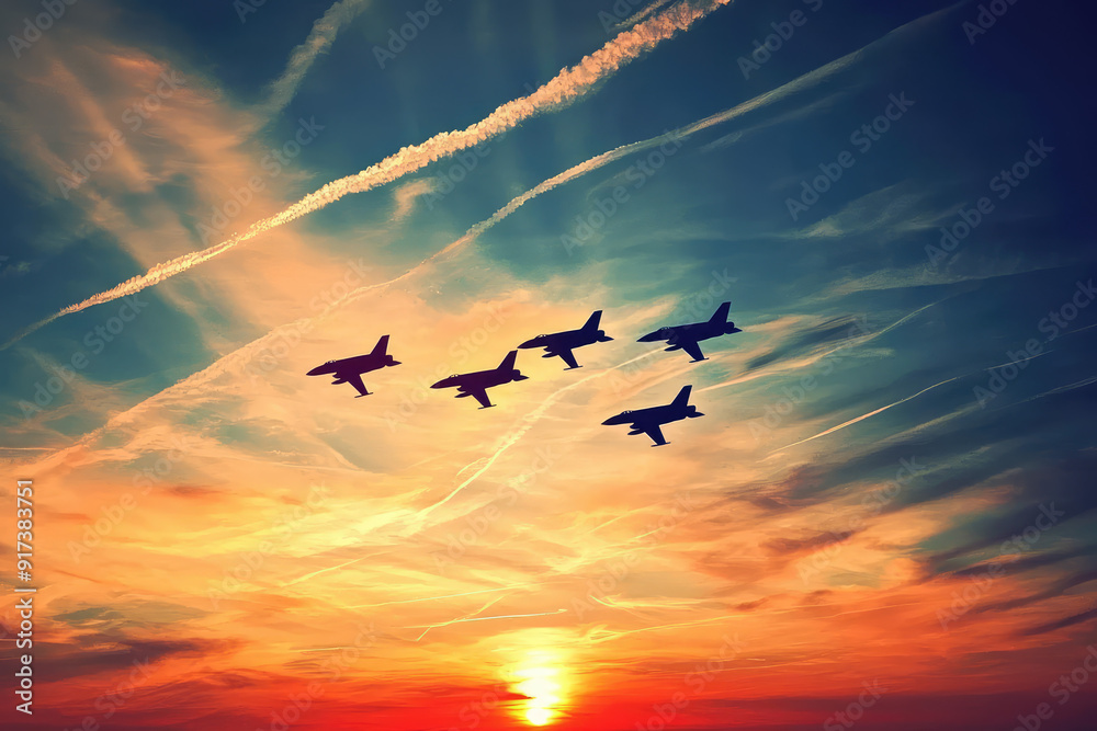 Obraz premium A squadron of fighter jets soar through the sky at sunset, their silhouettes cutting through the vibrant hues of orange, pink, and blue overhead.