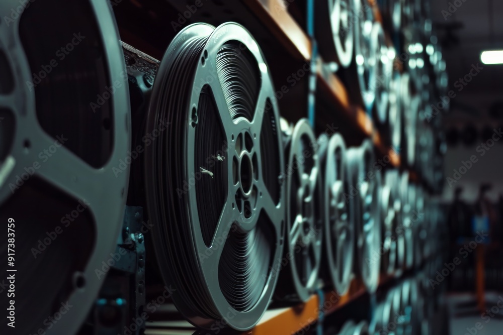 Fototapeta premium Rows of vintage film reels stored on shelves in a dimly lit room, invoking a sense of history and preservation of classic cinema artifacts.