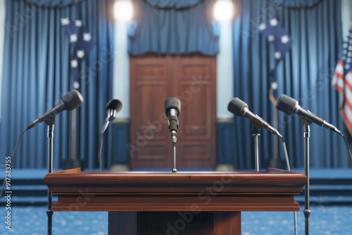 An official podium with multiple microphones stands ready in an elegant blue-curtained room, hinting at an important announcement or speech to be made.