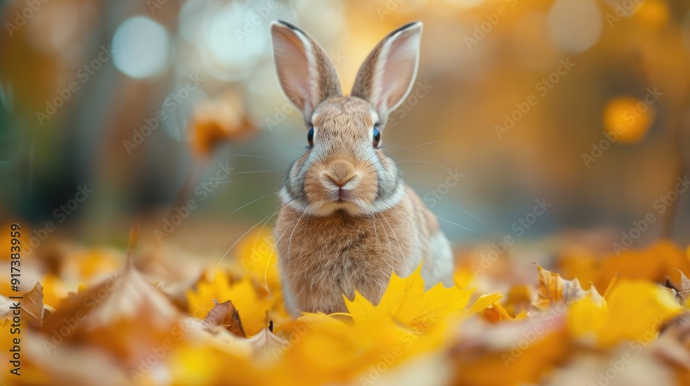A cute brown rabbit sits in a bed of yellow autumn leaves, looking directly at the camera. A cute brown rabbit sits in a bed of yellow autumn leaves, looking directly at the camera.