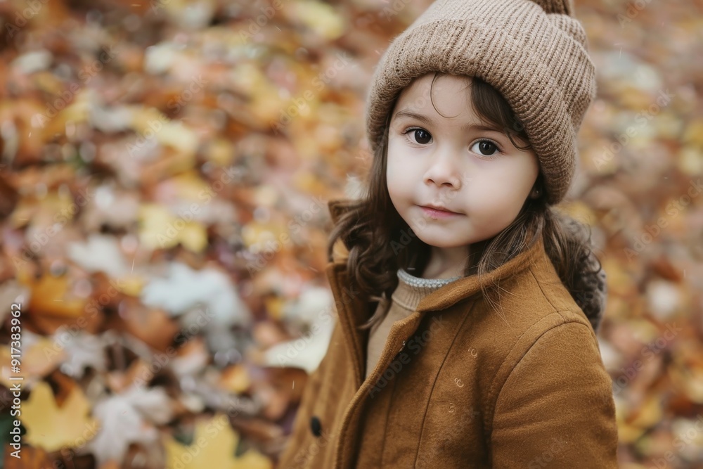 A young girl in a brown coat and knit hat gazes thoughtfully at the camera amidst a backdrop of autumn leaves, capturing the essence of fall. A young girl in a brown coat and knit hat gazes thoughtfully at the camera amidst a backdrop of autumn leaves, capturing the essence of fall.