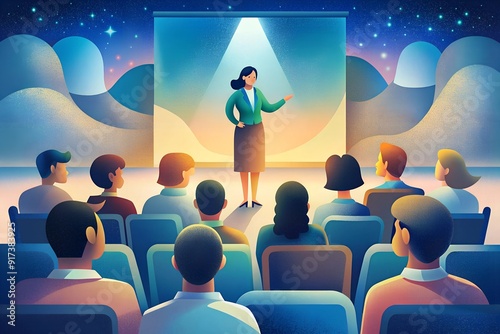 The scene of a public speech, a presentation held by a business woman in front of an audience