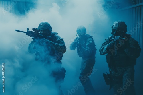 Armed soldiers move through thick blue smoke, their silhouettes creating a vivid sense of urgency and cooperation in action.