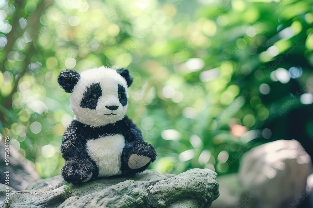 A plush panda toy perches on a rock within a lush garden, its black and white fur contrasting with the vibrant greenery in a sweet, playful scene.