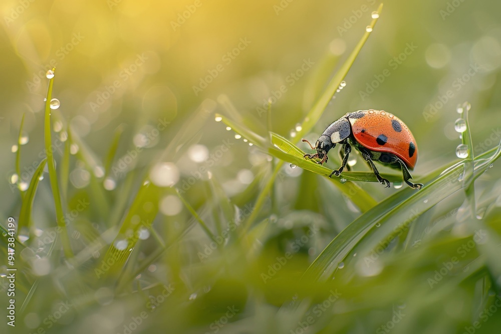 Obraz premium Sunset scene, red ladybug photo, macro ladybug photo close-up of ladybugs crawling back and forth. Beautiful simple AI generated image in 4K, unique.