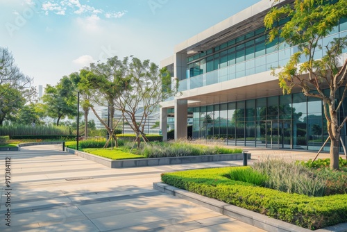 A well-manicured garden area with a modern glass-front building under the clear midday sky, exuding tranquility and tidiness.