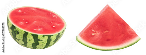 Red seedless watermelon half isolated on white background with full depth of field.