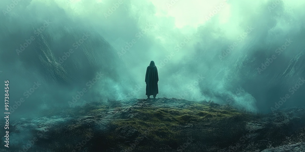 A Solitary Figure Standing on a Hilltop in a Foggy, Green Landscape A Solitary Figure Standing on a Hilltop in a Foggy, Green Landscape
