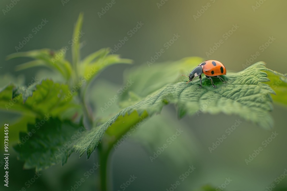 Fototapeta premium Extreme close-up of a ladybug crawling on a moss-covered rock.. Beautiful simple AI generated image in 4K, unique.