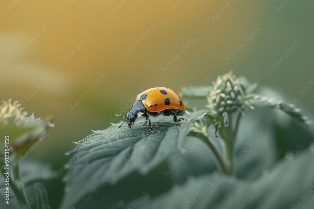 Obraz premium A close-up of a ladybug sitting on a delicate flower, showing their extraordinary beauty.. Beautiful simple AI generated image in 4K, unique.