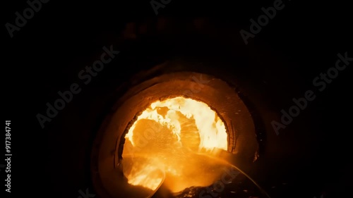Intense blaze engulfing a circular tunnel in vivid flames.