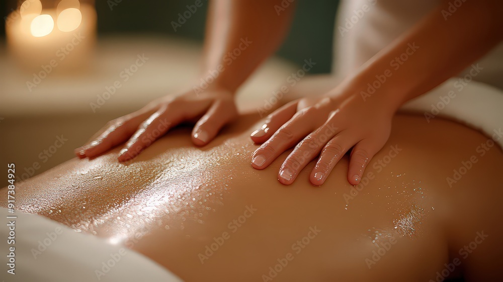 Naklejka premium close-up of a professional massage therapist hands working on a clients back, showcasing the relaxation and therapeutic benefits of a massage.