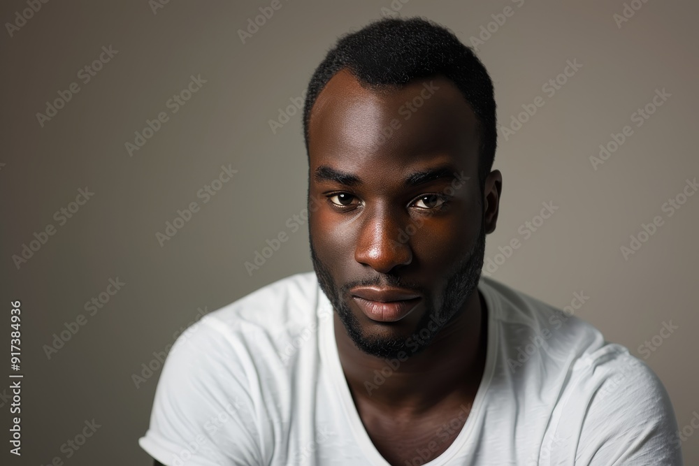 A portrait of a man in a white t-shirt against a neutral background, exuding confidence with direct eye contact, capturing the subject’s compelling presence and expression. A portrait of a man in a white t-shirt against a neutral background, exuding confidence with direct eye contact, capturing the subject’s compelling presence and expression.
