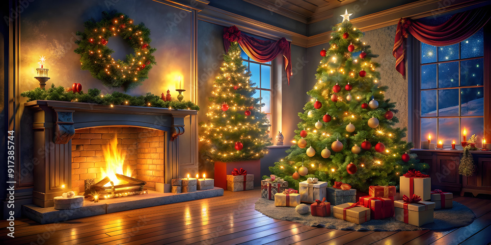 interior Christmas magic glowing tree fireplace interior Christmas magic glowing tree fireplace