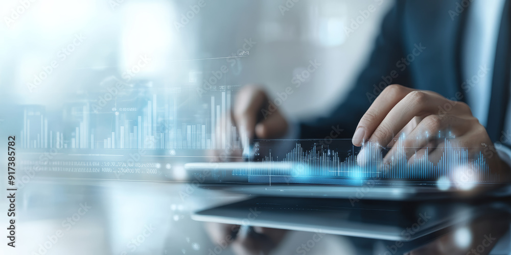 Business, finance and investment concept. Businessman using digital tablet analyzing Business, finance and investment concept. Businessman using digital tablet analyzing