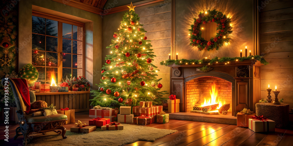 Fototapeta premium interior Christmas magic glowing tree fireplace