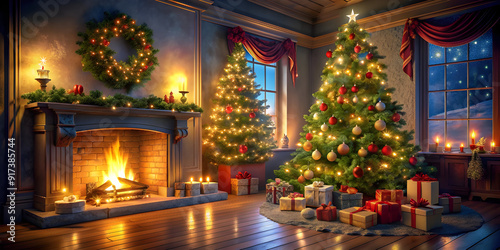 Wallpaper Mural interior Christmas magic glowing tree fireplace Torontodigital.ca