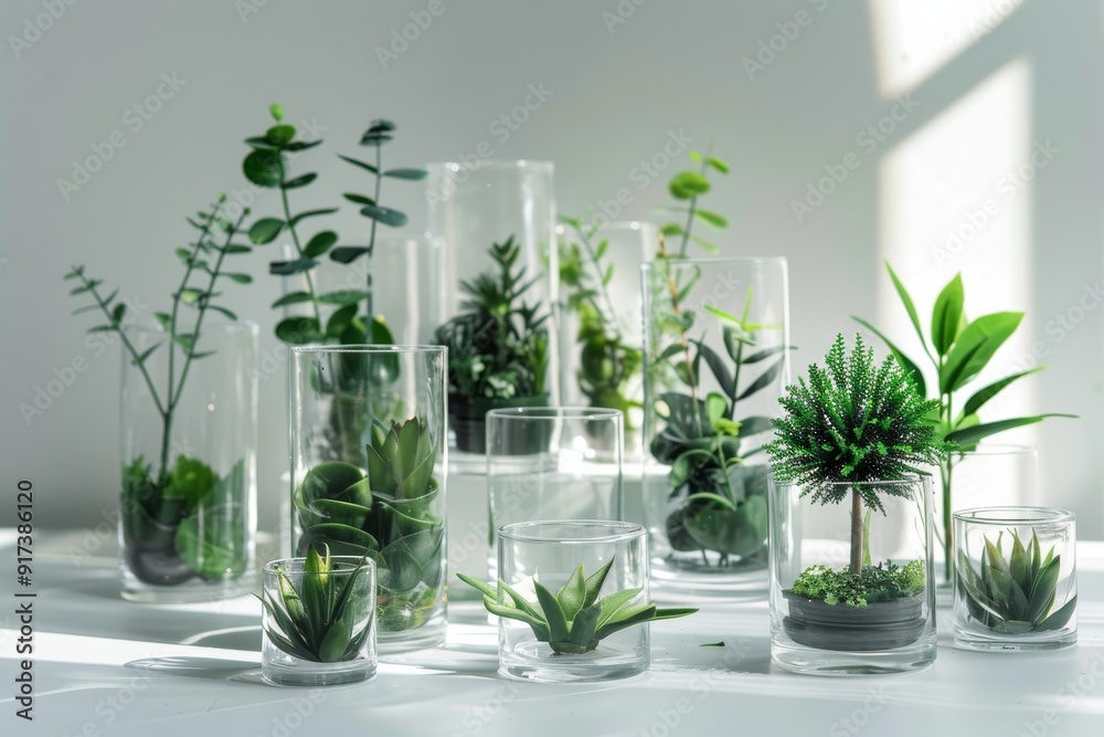 An array of diverse houseplants artistically arranged in clear glass vases, creating a modern and refreshing indoor garden display.