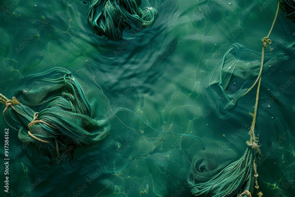 Obraz premium Fishing nets floating on sea water, forming intricate shapes and patterns, highlighted by the reflective surface of the water.