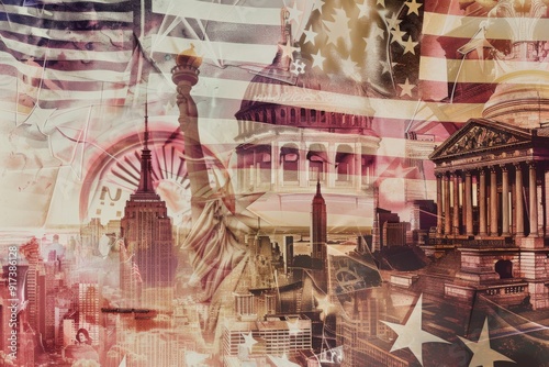 A collage of iconic American monuments, including the Statue of Liberty and the Capitol, laid over a backdrop of the U.S. flag, embodying national pride.