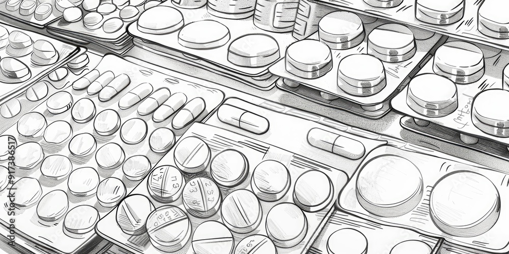 Pills in various shapes, sketched in black and white. Pills in various shapes, sketched in black and white.
