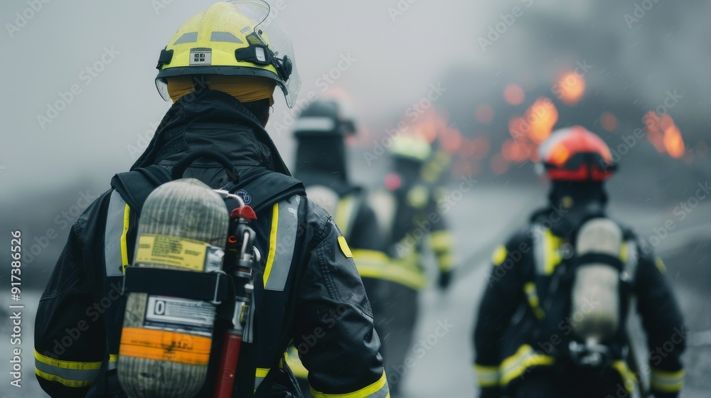 Firefighters in Protective Gear Responding to Industrial Fire at Dawn Firefighters in Protective Gear Responding to Industrial Fire at Dawn