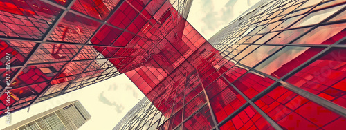 Intersecting planes of bold crimson, red and amber hues converge in an intricate, architecturally inspired composition.
