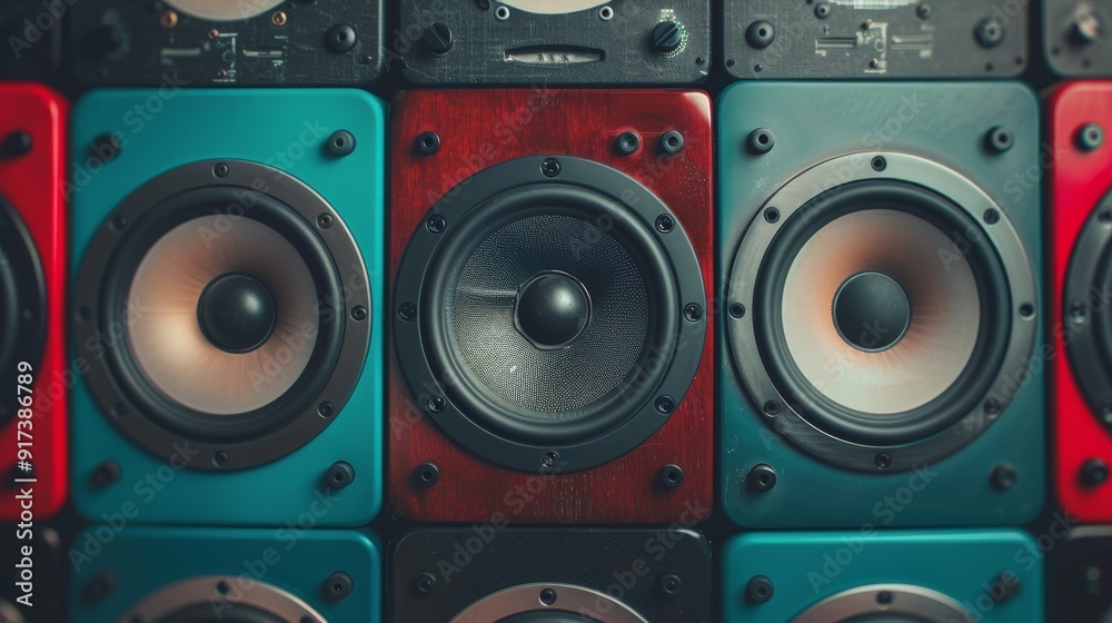 Fototapeta premium Colorful Speakers Line Displayed in a Music Studio for Audio Production