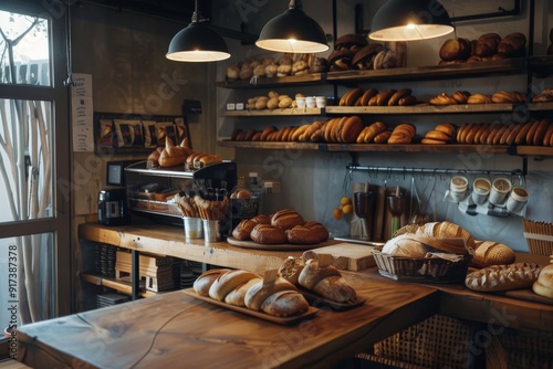 Stylish bakery showcasing an assortment of breads and pastries, exuding warmth and inviting aromas. photo