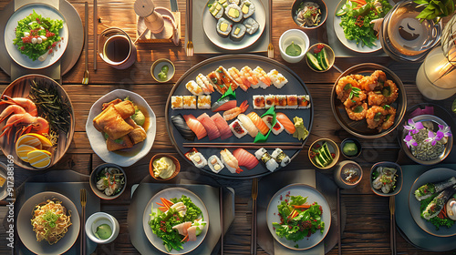 Japanese restaurant dinner table spread in top-down view, array of beautifully plated sushi, sashimi, tempura, surrounded, fresh salads, traditional Japanese food