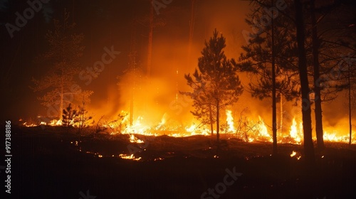 Wildfire spreading through a dense forest at night, illuminating the sky with intense orange flames and smoke. Environmental disaster.