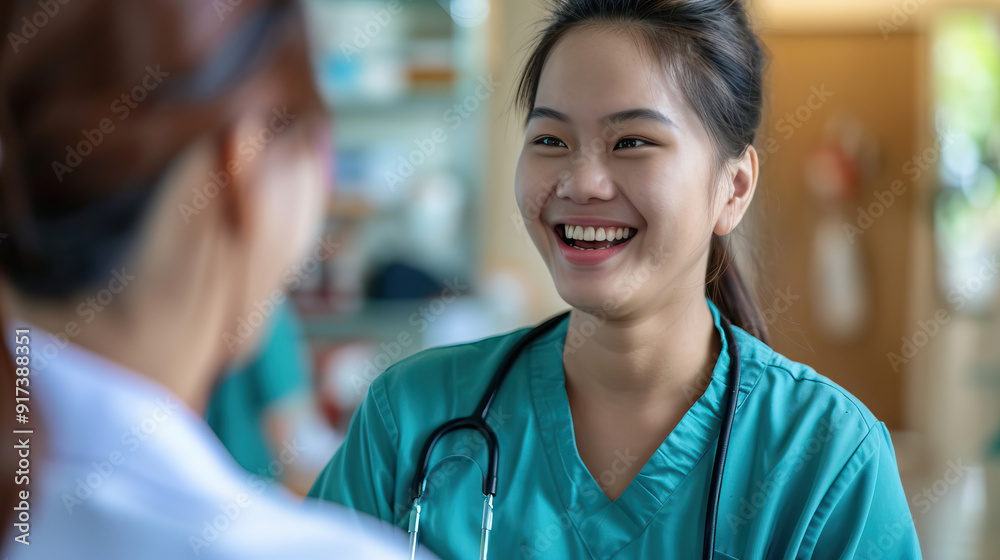 Smiling Asian female doctor interacting with a patient in a clinical setting Smiling Asian female doctor interacting with a patient in a clinical setting