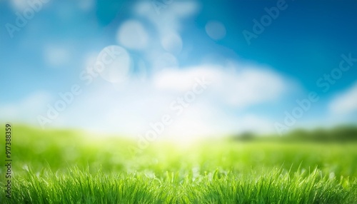 sunny spring meadow blur background blue sky to green grass gradient