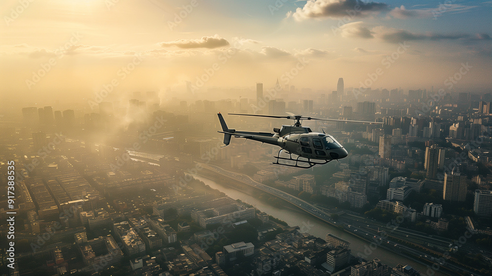 A helicopter in flight over an urban landscape with a dramatic skyline and bustling city below A helicopter in flight over an urban landscape with a dramatic skyline and bustling city below