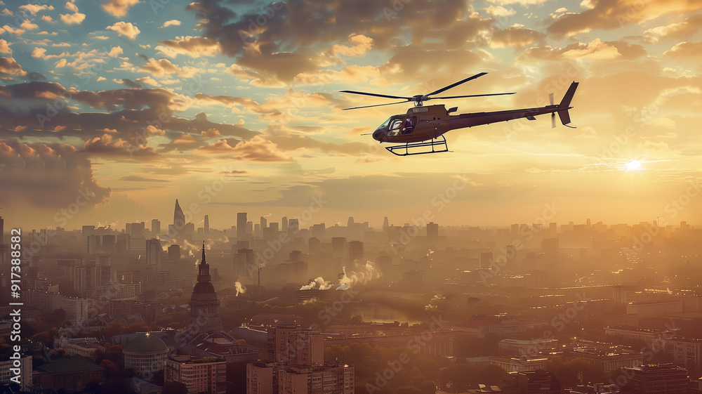 A helicopter in flight over an urban landscape with a dramatic skyline and bustling city below A helicopter in flight over an urban landscape with a dramatic skyline and bustling city below