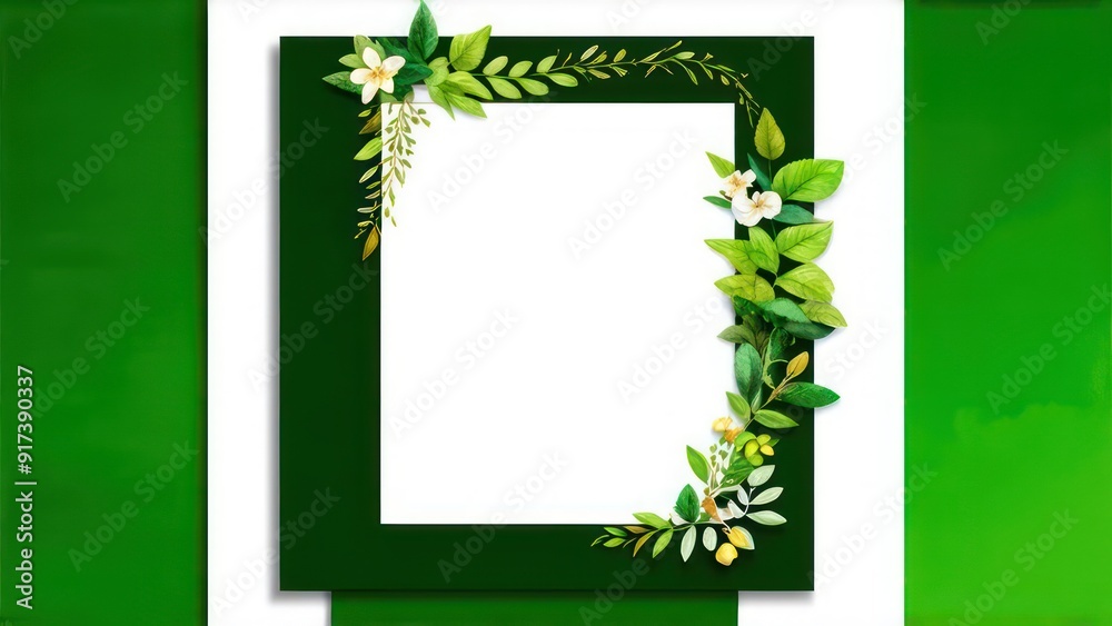 botanical garden-themed card, featuring a variety of green leaves, watercolor flowers, a delicate frame	