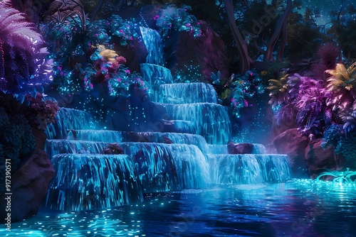 An abstract landscape of aqua menthene waterfalls cascading into pools, reflecting the vibrant hues of surrounding bioluminescent flora, under a starry night. Tranquil and ethereal