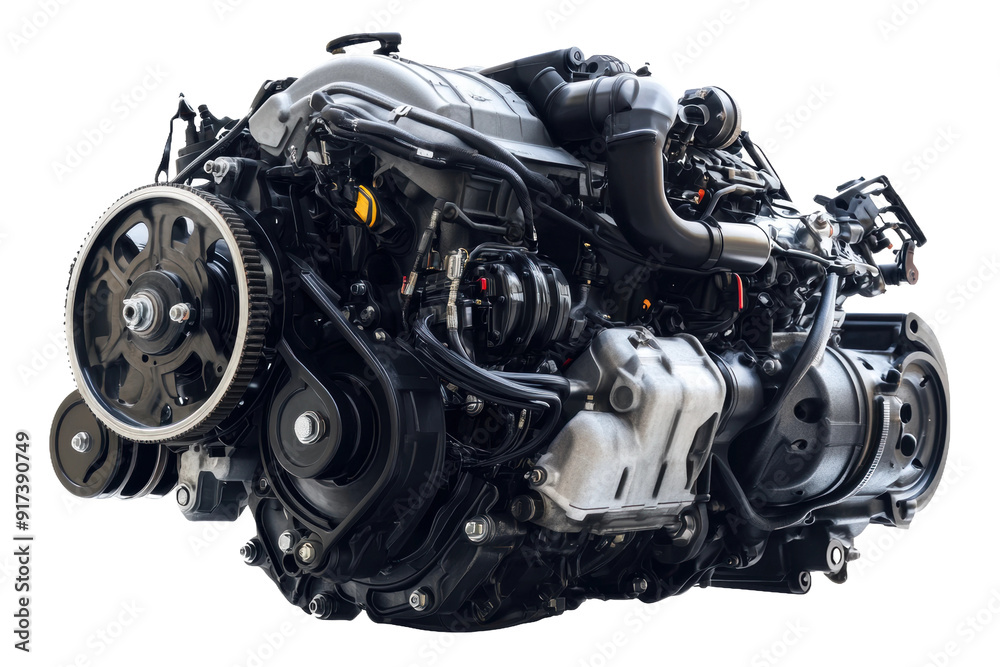 Detailed view of a modern automotive engine with various components showcased, cut out - stock png. Detailed view of a modern automotive engine with various components showcased, cut out - stock png.