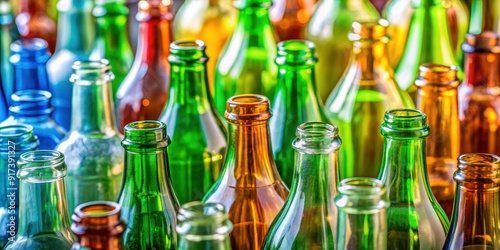 Close up of a background filled with various glass bottles , glass bottles,clear, close up, stock photo, colorful