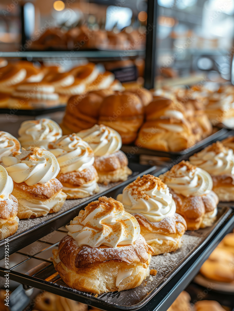 Rows of cream puffs in a bakery display. Rows of cream puffs in a bakery display.