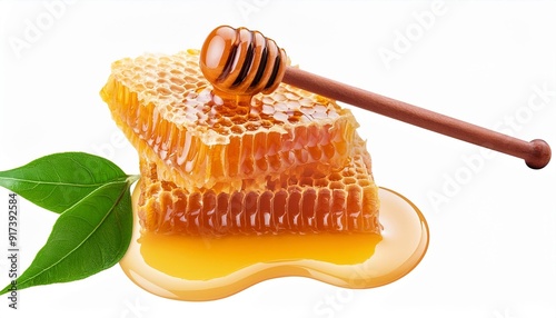 honeycomb with honey dipper and leaf isolated organic product from the nature for healthy with traditional style png transparency photo