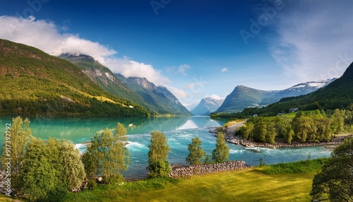 mountain river beautiful nature norway natural landscape lovatnet lake also loenvatnet is a lake in the municipality of stryn in vestland county norway photo